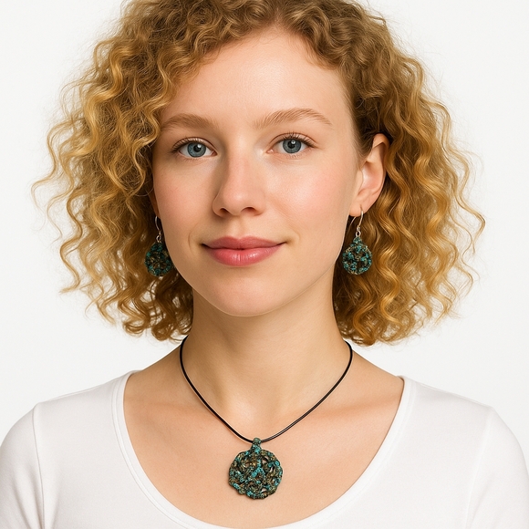 Hand Crafted Crochet Jewerly Set Earring and Necklace 3-pc Set 100% polyster - Picture 1 of 17